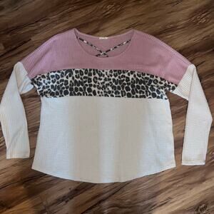 Pink White Cheetah Print Waffle Knit Long Sleeve Sweater Lightweight Size Large
